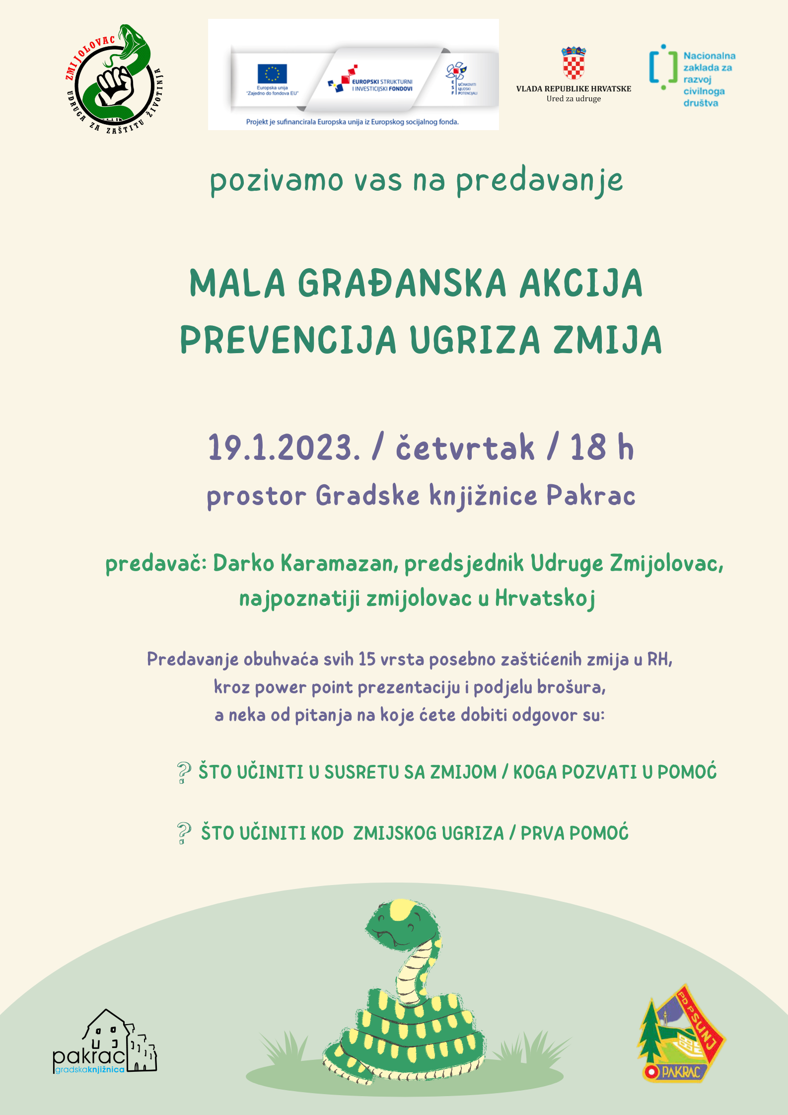 GRADSKA KNJIŽNICA PAKRAC Predavanje o prevenciji ugriza zmija